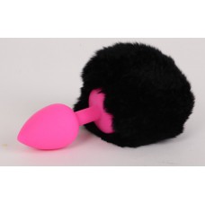 Розовая силиконовая пробка с черным хвостом "Задорный кролик"